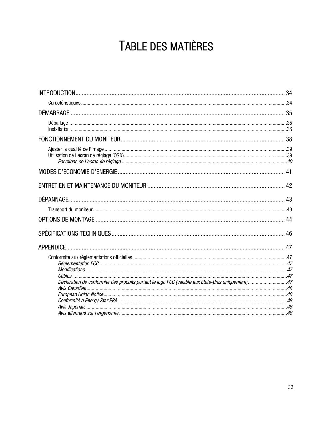 Compaq 745A manual Table DES Matières, Fonctions de l’écran de réglage 