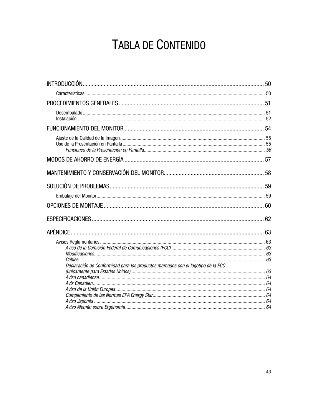 Compaq 745A manual Tabla DE Contenido, Funciones de la Presentación en Pantalla 