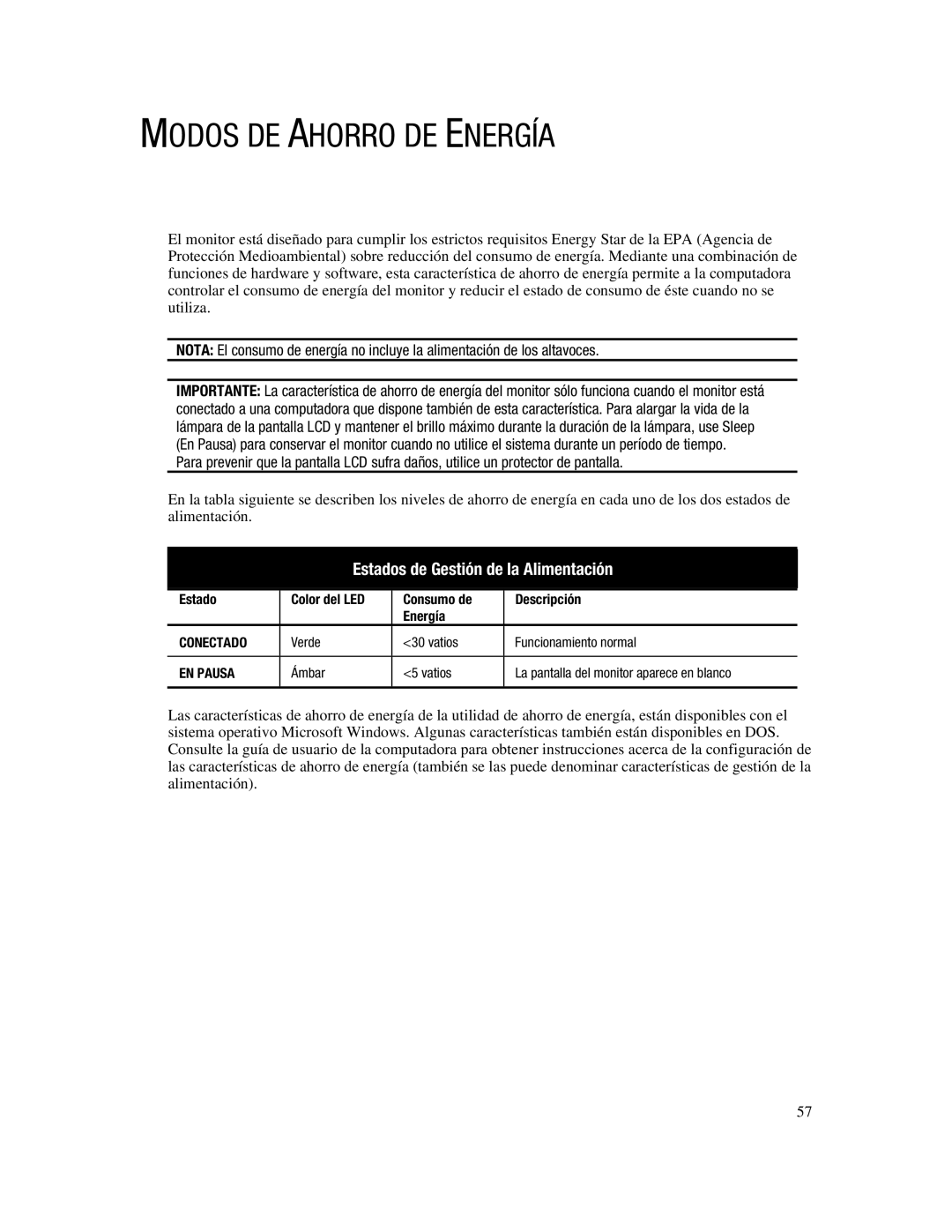 Compaq 745A manual Modos DE Ahorro DE Energía, Estados de Gestión de la Alimentación, Verde Vatios Funcionamiento normal 