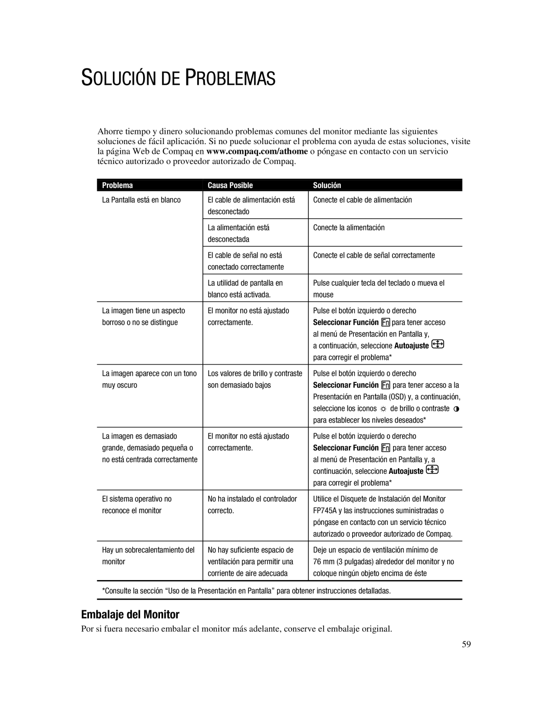 Compaq 745A manual Solución DE Problemas, Embalaje del Monitor 