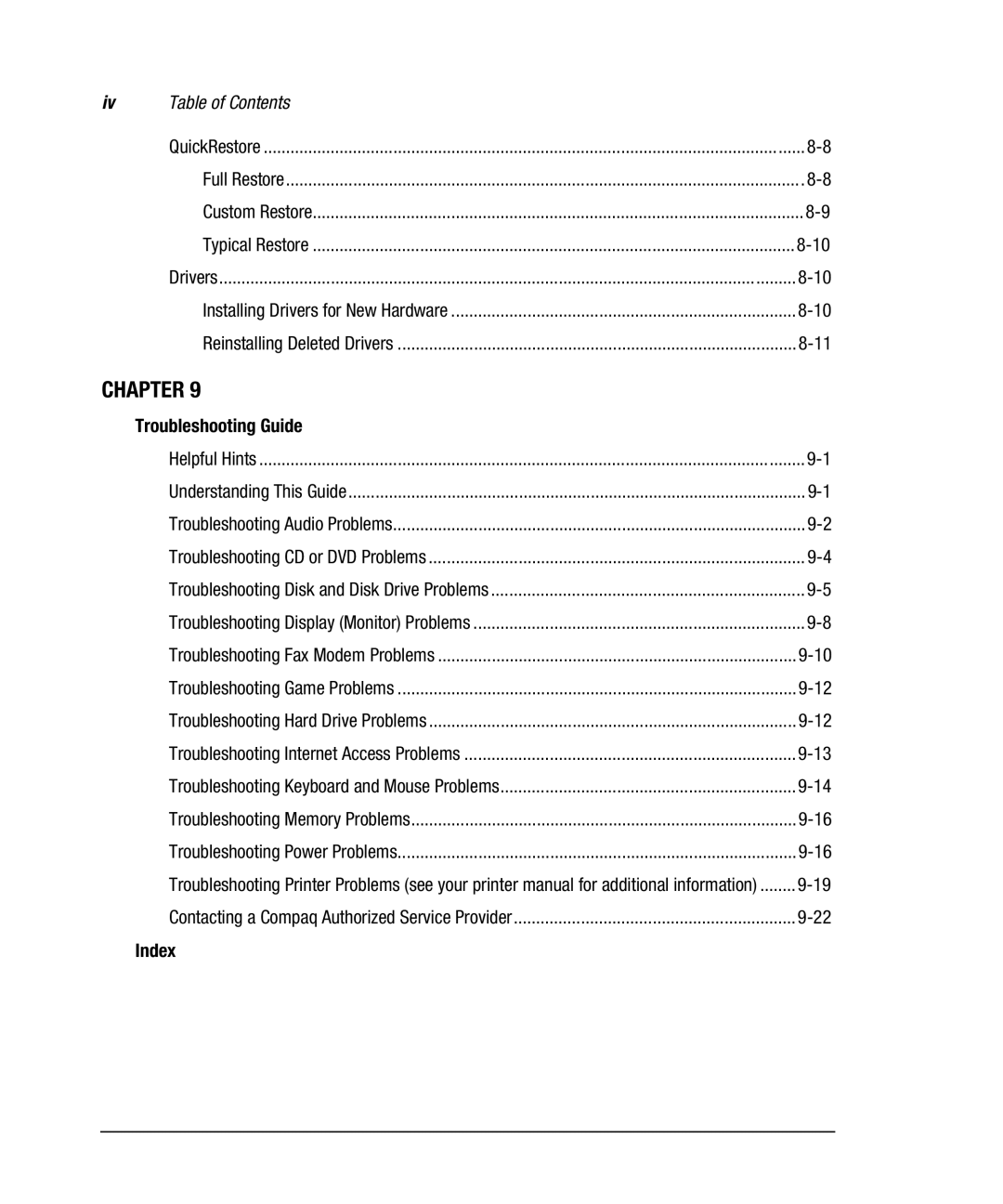 Compaq 7800 manual Troubleshooting Guide, Index, Helpful Hints 