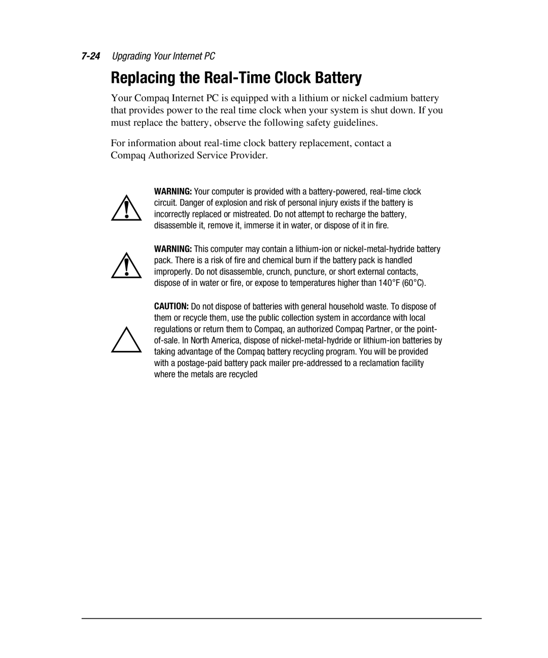 Compaq 7800 manual Replacing the Real-Time Clock Battery, 24Upgrading Your Internet PC 