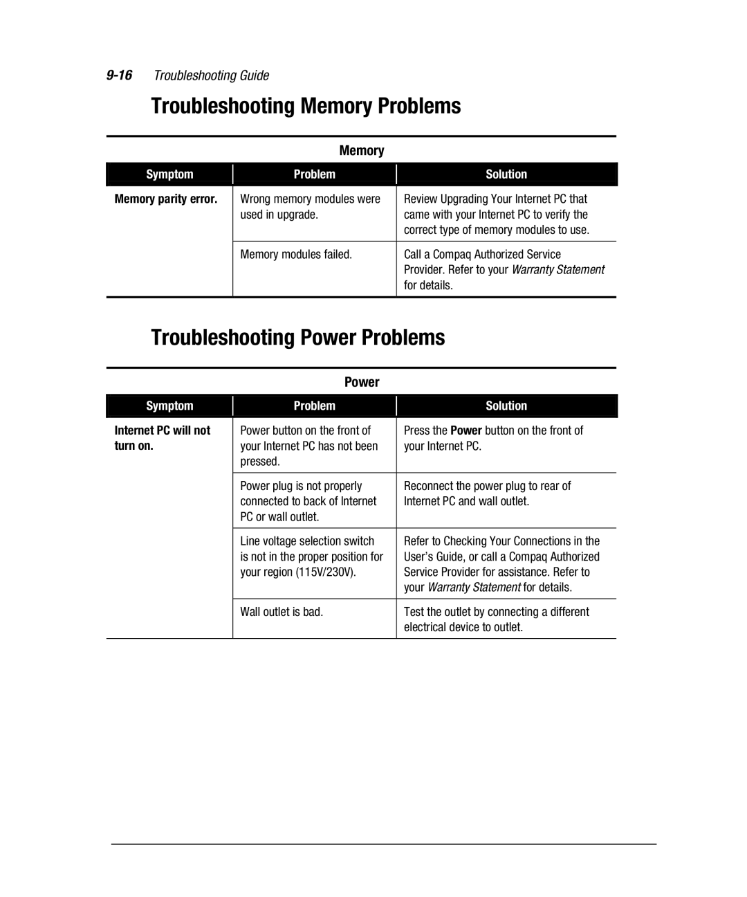 Compaq 7800 manual Troubleshooting Memory Problems, Troubleshooting Power Problems, 16Troubleshooting Guide 