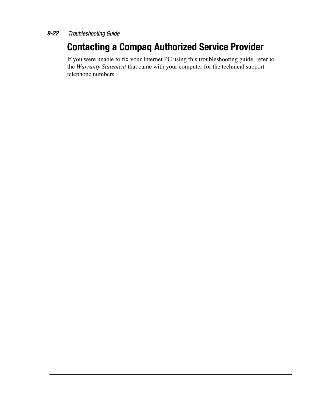 Compaq 7800 manual Contacting a Compaq Authorized Service Provider, 22Troubleshooting Guide 