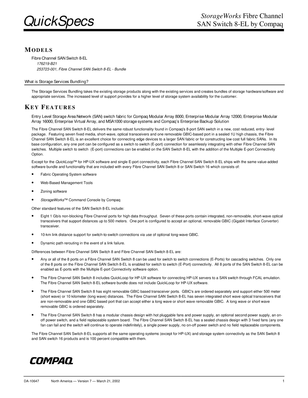 Compaq manual Models, KEY Features, Fibre Channel SAN Switch 8-EL, What is Storage Services Bundling? 