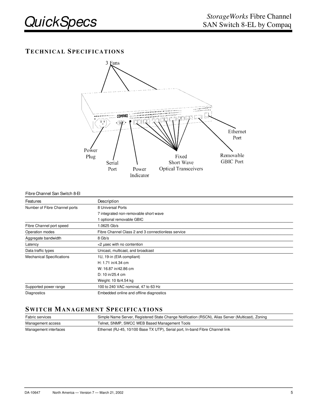 Compaq 8-EL Technical Specifications, Switch Management Specifications, Fibre Channel San Switch 8-El Features Description 