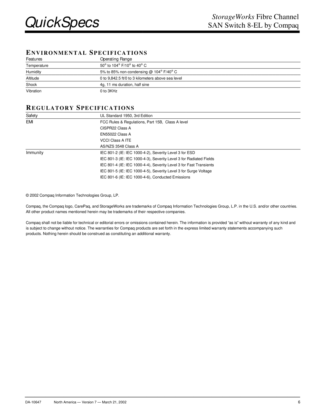 Compaq 8-EL manual Environmental Specifications, Regulatory Specifications, Features Operating Range, Safety, Immunity 