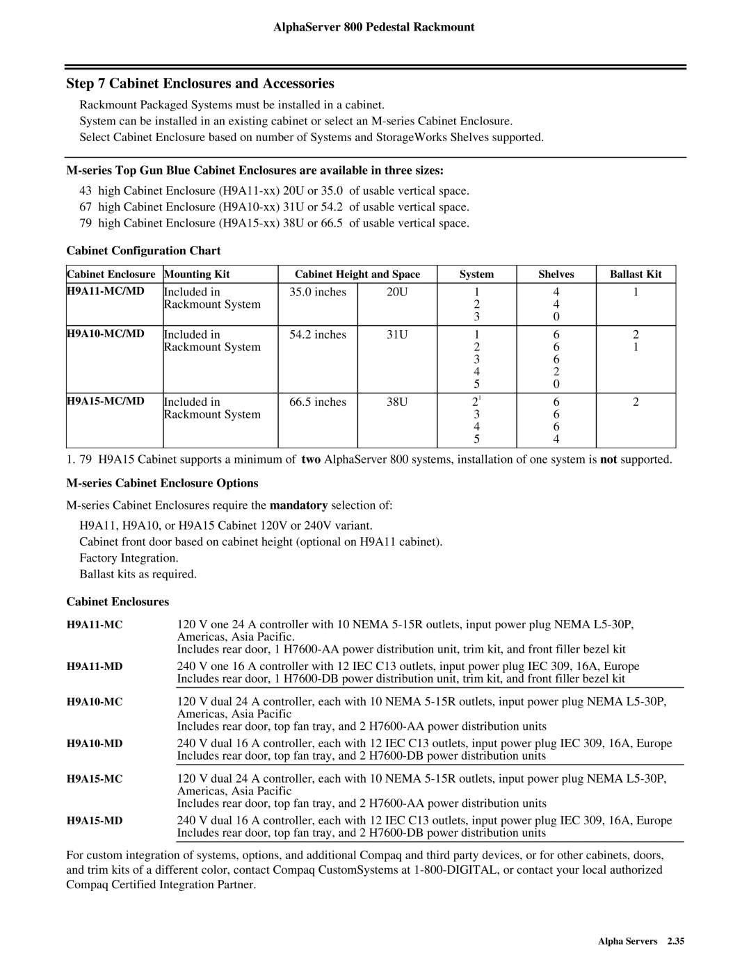 Compaq 800 manual Cabinet Enclosures and Accessories, Cabinet Configuration Chart, Series Cabinet Enclosure Options 