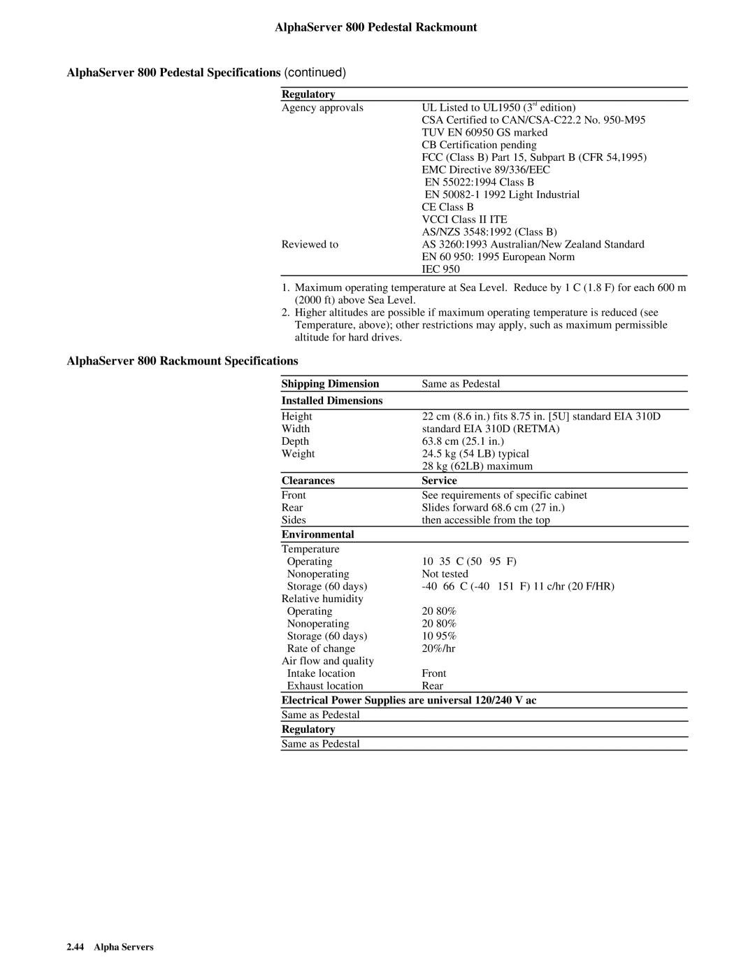 Compaq manual AlphaServer 800 Rackmount Specifications, Regulatory 