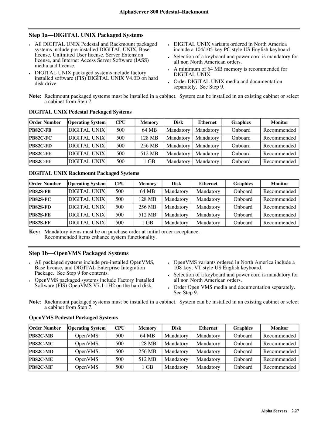 Compaq 800 manual Digital Unix Packaged Systems, OpenVMS Packaged Systems, Digital Unix Pedestal Packaged Systems 