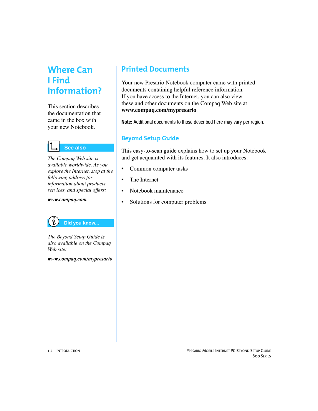 Compaq 800 manual Where Can Find Information?, Printed Documents, Beyond Setup Guide 