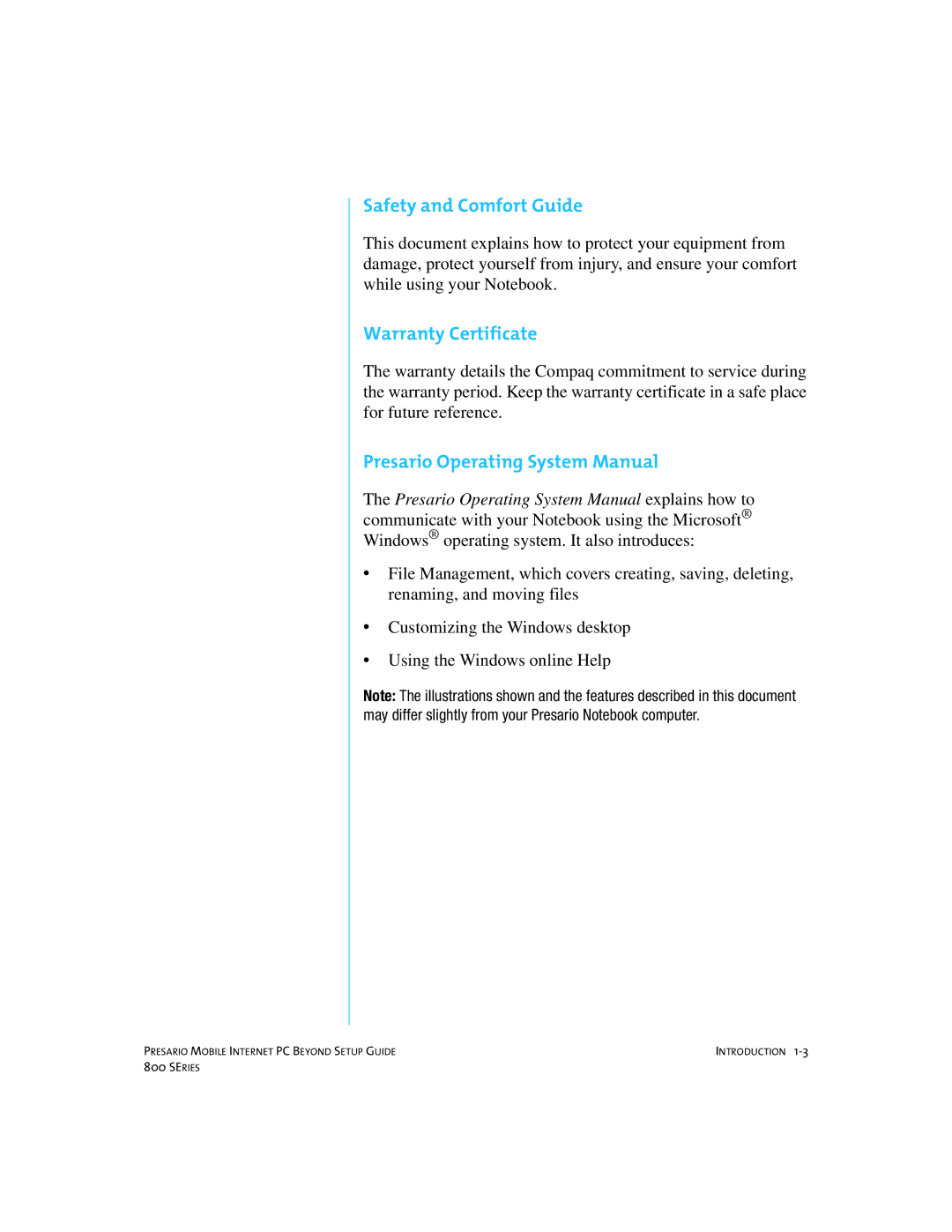 Compaq 800 manual Safety and Comfort Guide, Warranty Certificate, Presario Operating System Manual 