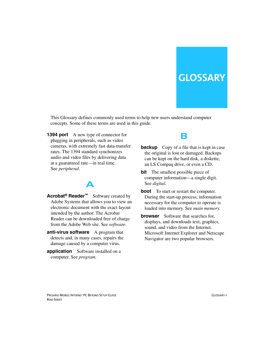 Compaq 800 manual Glossary, See peripheral 