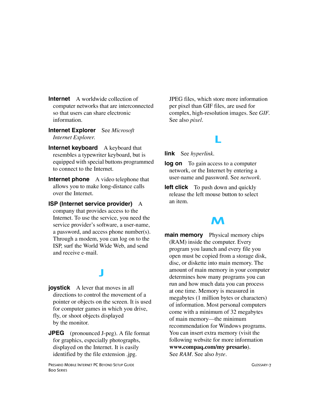 Compaq 800 manual See Microsoft, Internet Explorer, Link See hyperlink 