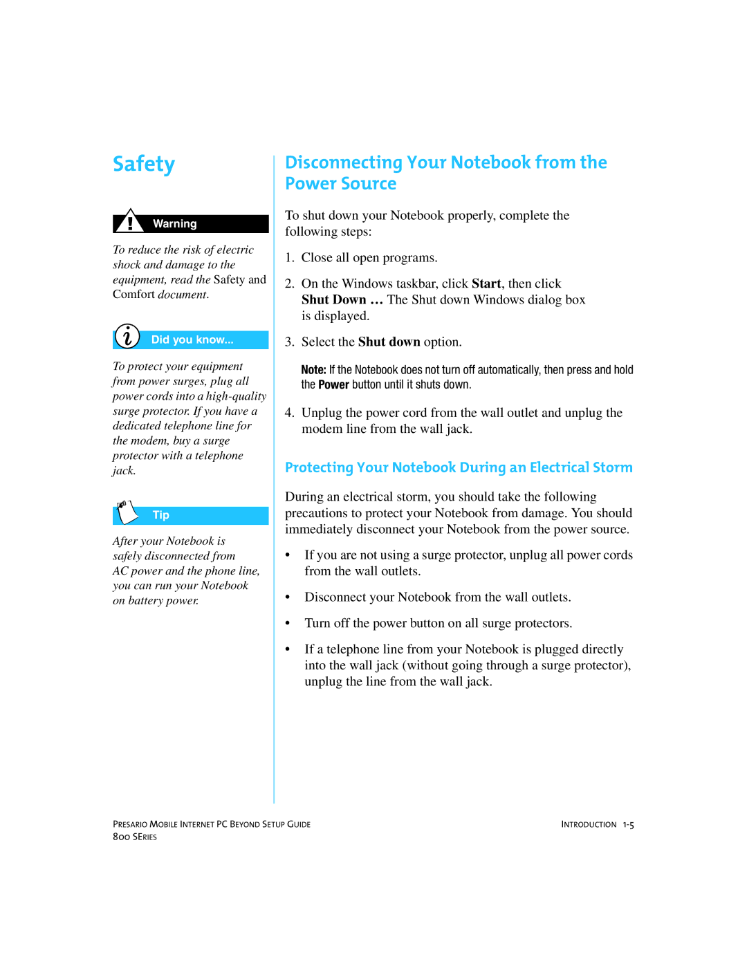 Compaq 800 Safety, Disconnecting Your Notebook from the Power Source, Protecting Your Notebook During an Electrical Storm 