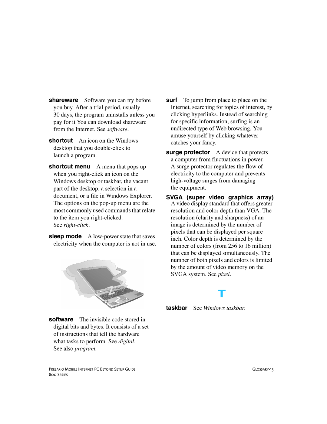 Compaq 800 manual See right-click, Taskbar See Windows taskbar 