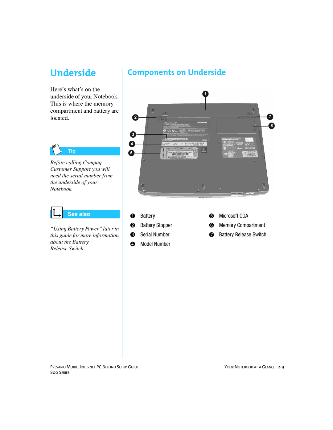 Compaq 800 manual Components on Underside, Battery Microsoft COA Battery Stopper, Serial Number, Model Number 