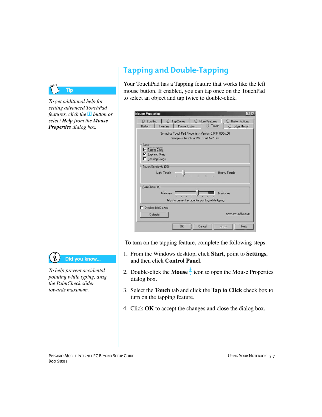 Compaq 800 manual Tapping and Double-Tapping, Properties dialog box 