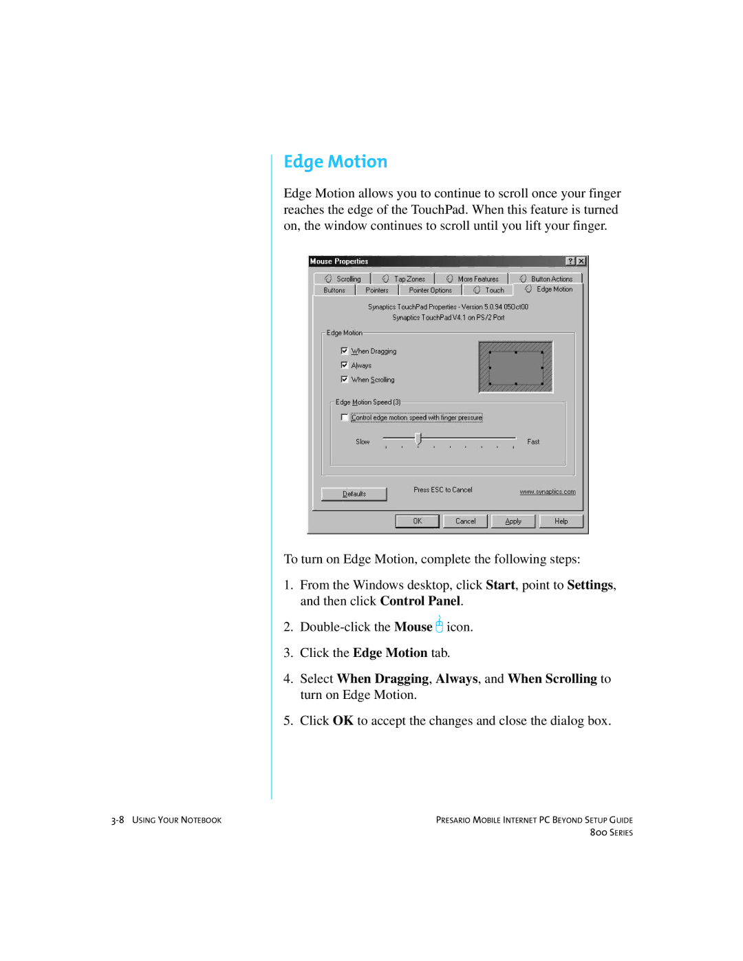 Compaq 800 manual Edge Motion 