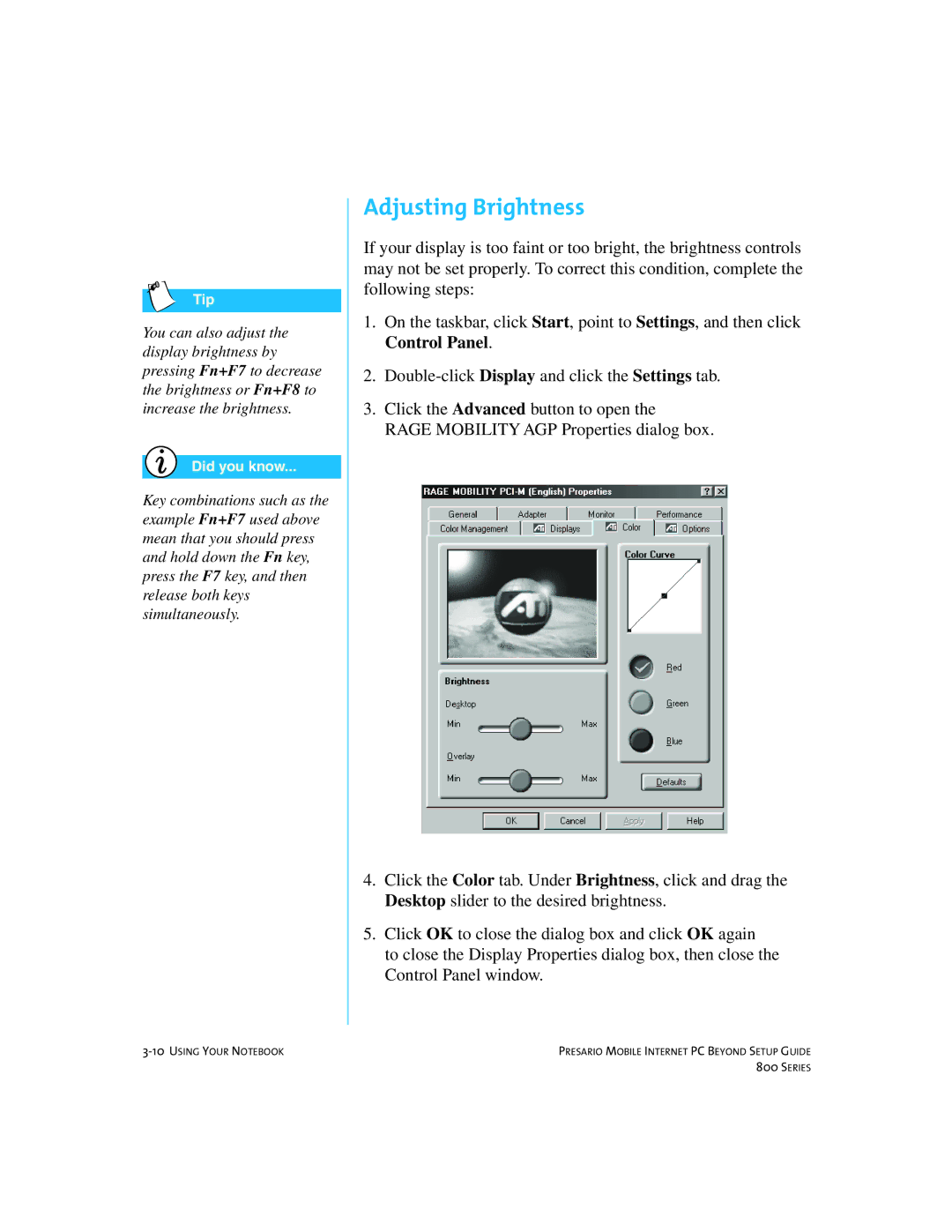 Compaq 800 manual Adjusting Brightness 