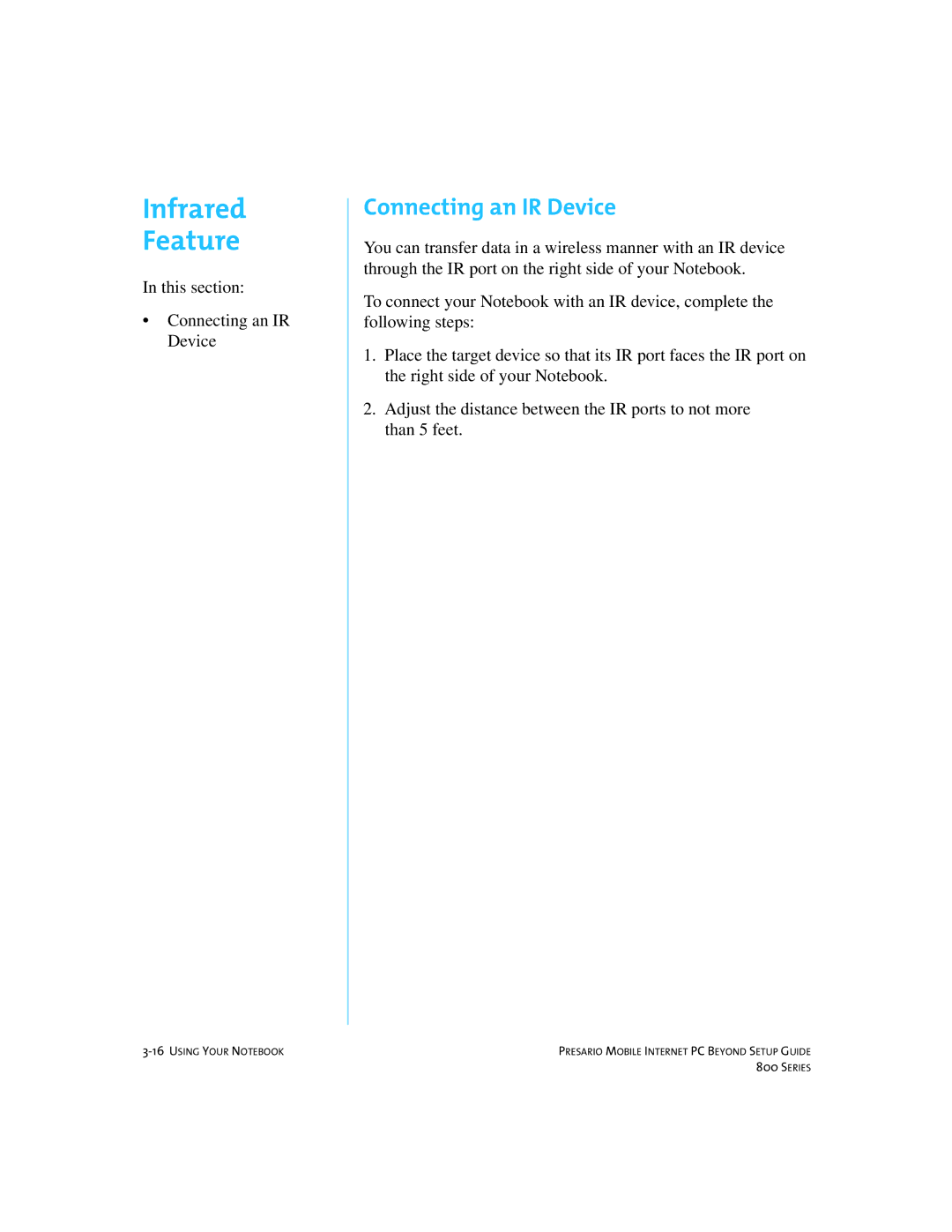 Compaq 800 manual Infrared Feature, Connecting an IR Device 