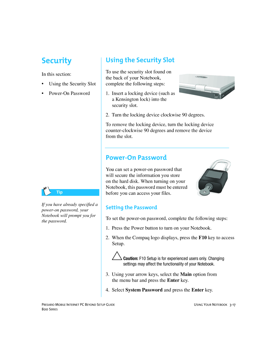 Compaq 800 manual Using the Security Slot, Power-On Password, Setting the Password 