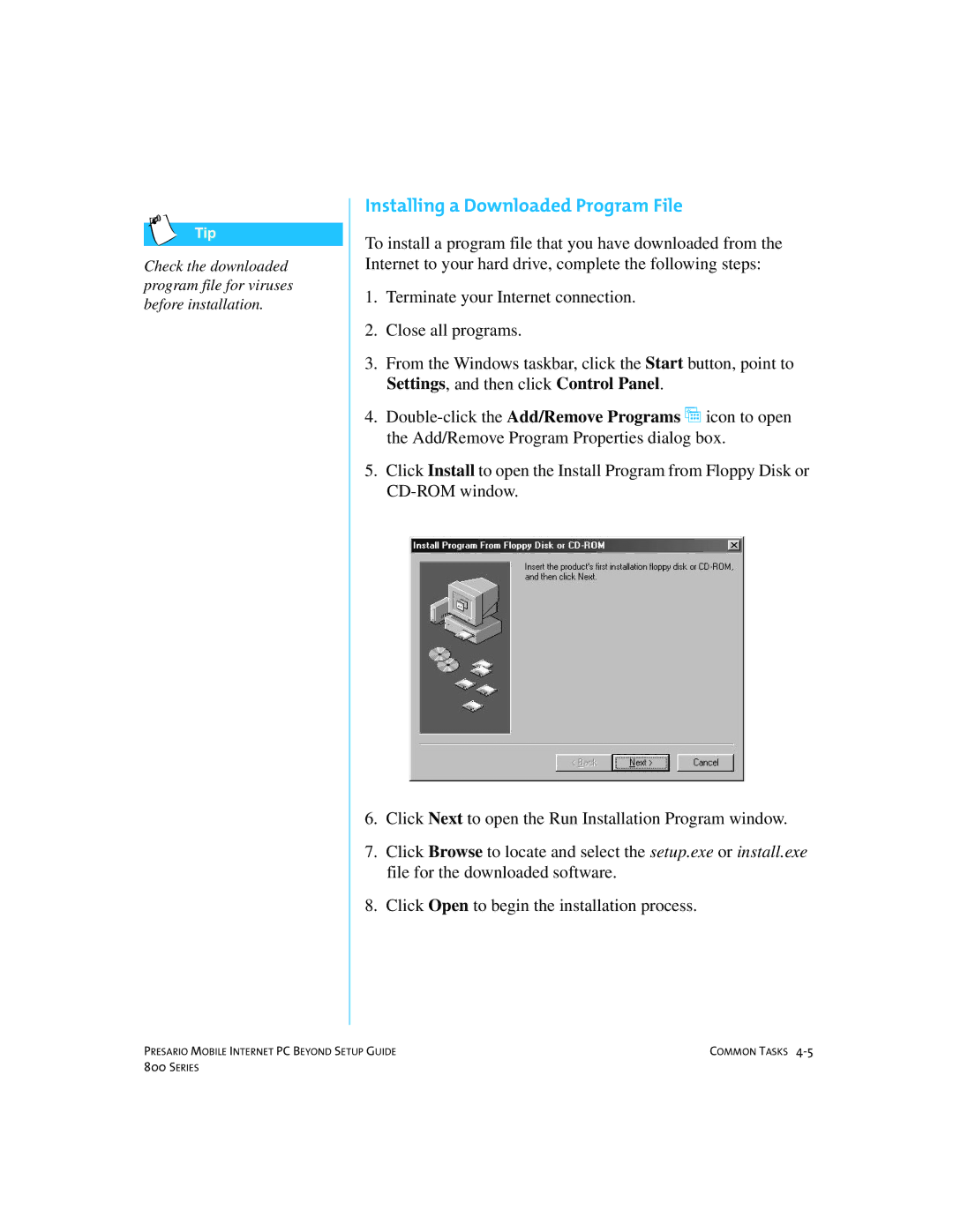 Compaq 800 manual Installing a Downloaded Program File 