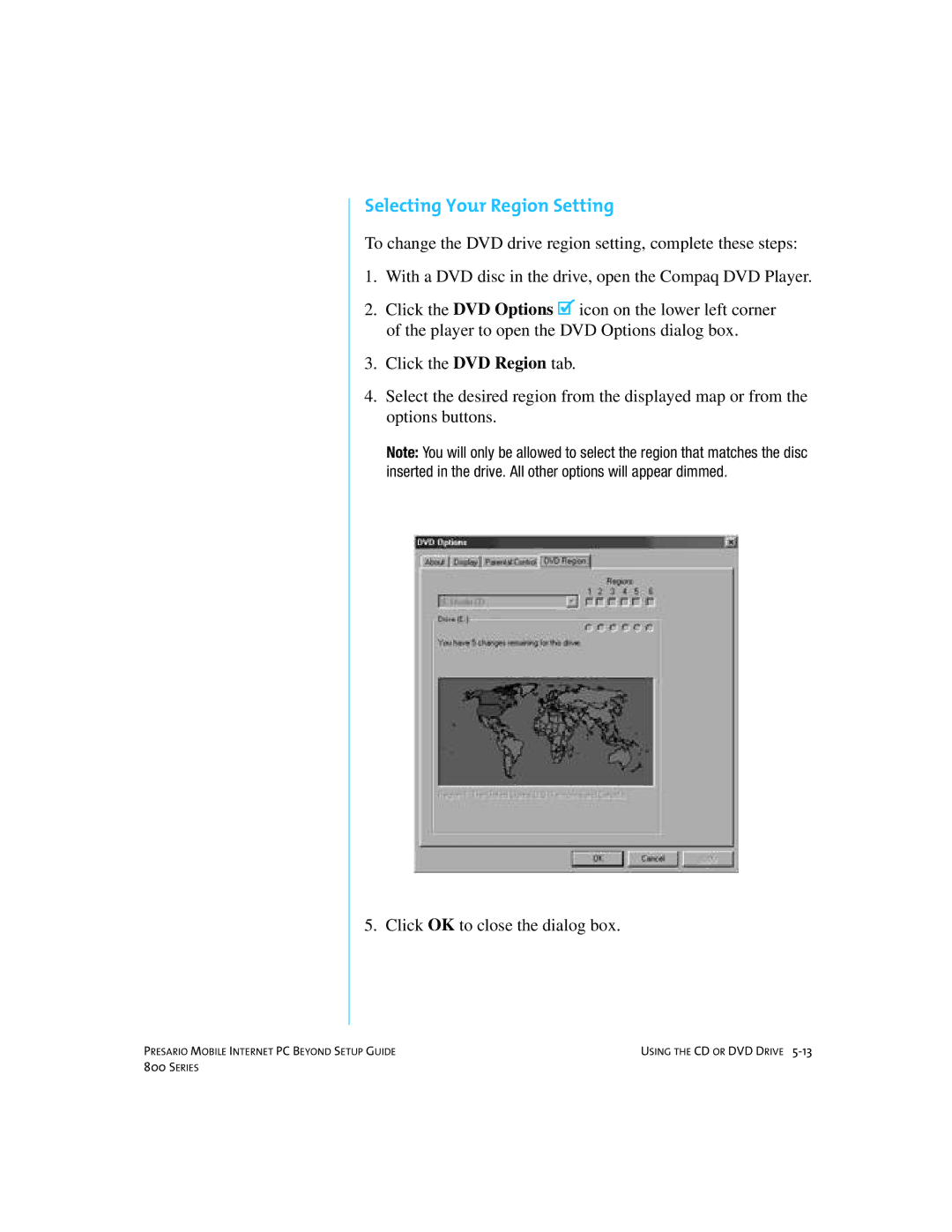 Compaq 800 manual Selecting Your Region Setting 