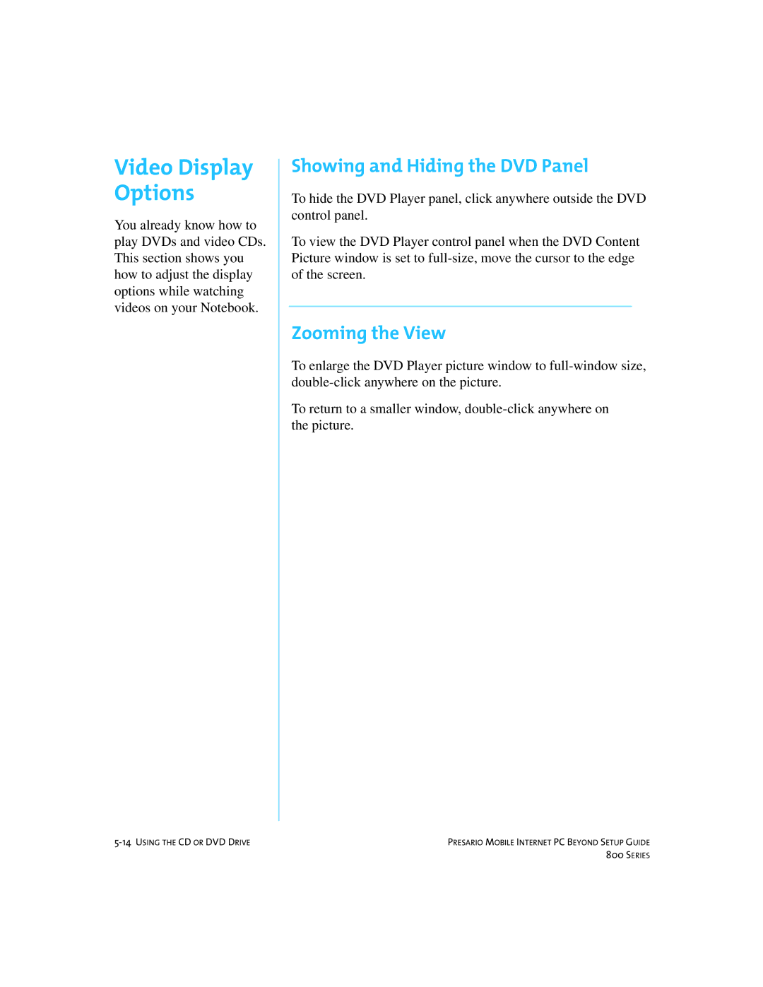 Compaq 800 manual Video Display Options, Showing and Hiding the DVD Panel, Zooming the View 