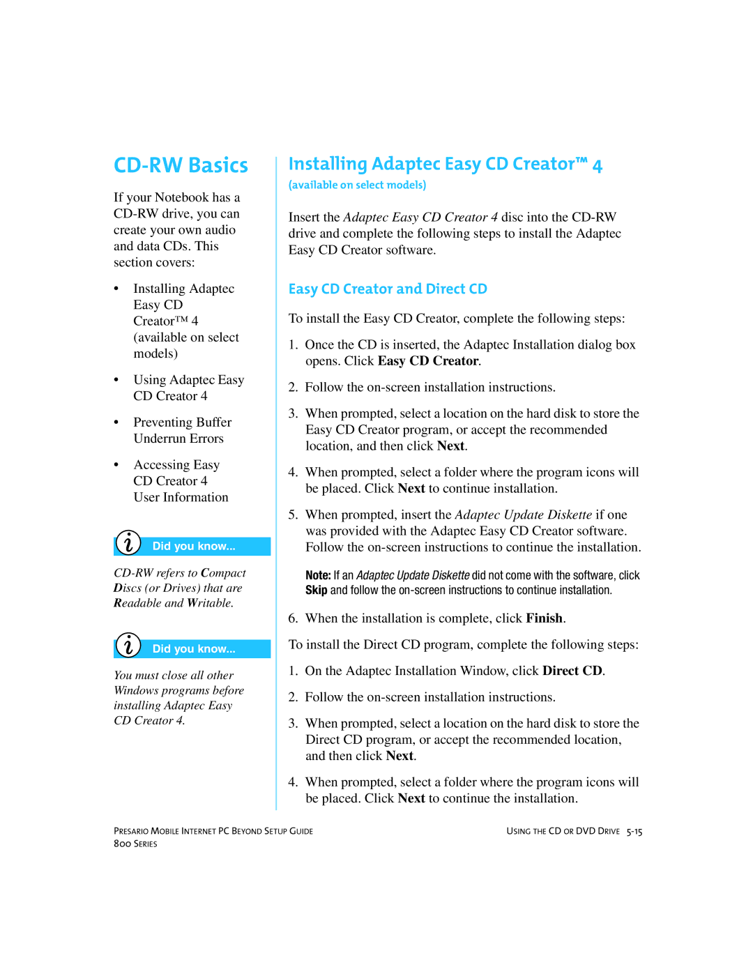 Compaq 800 manual CD-RW Basics, Installing Adaptec Easy CD Creator, Easy CD Creator and Direct CD 