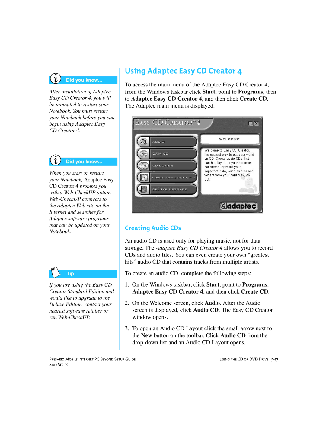 Compaq 800 manual Using Adaptec Easy CD Creator, Creating Audio CDs 