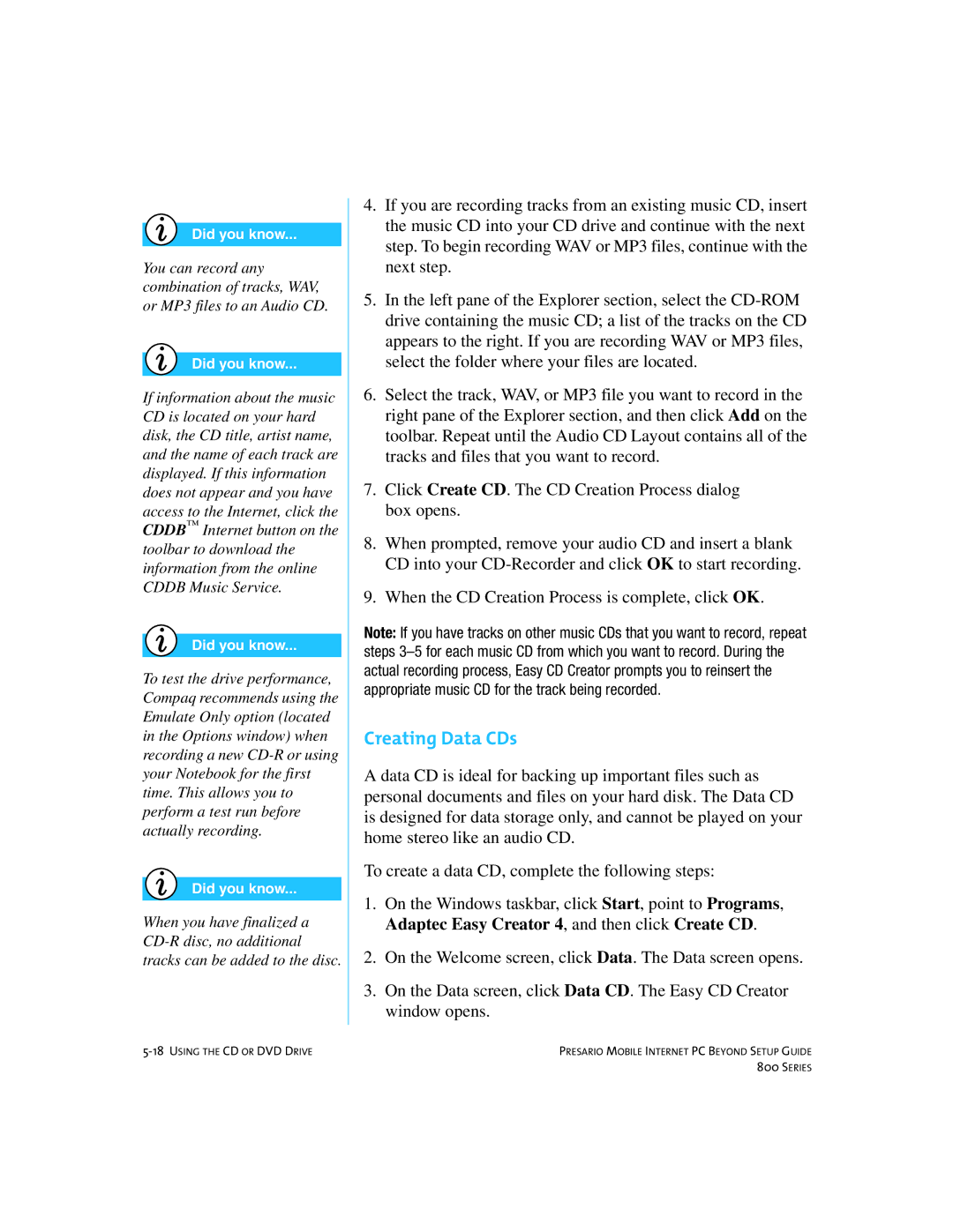 Compaq 800 manual Creating Data CDs 