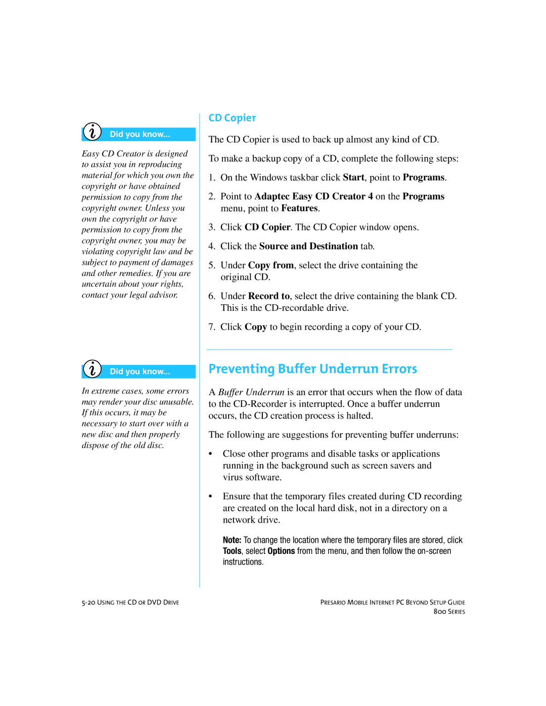 Compaq 800 manual Preventing Buffer Underrun Errors, CD Copier 