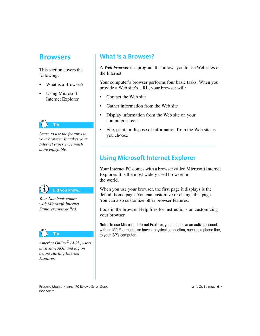 Compaq 800 manual Browsers, What is a Browser?, Using Microsoft Internet Explorer 