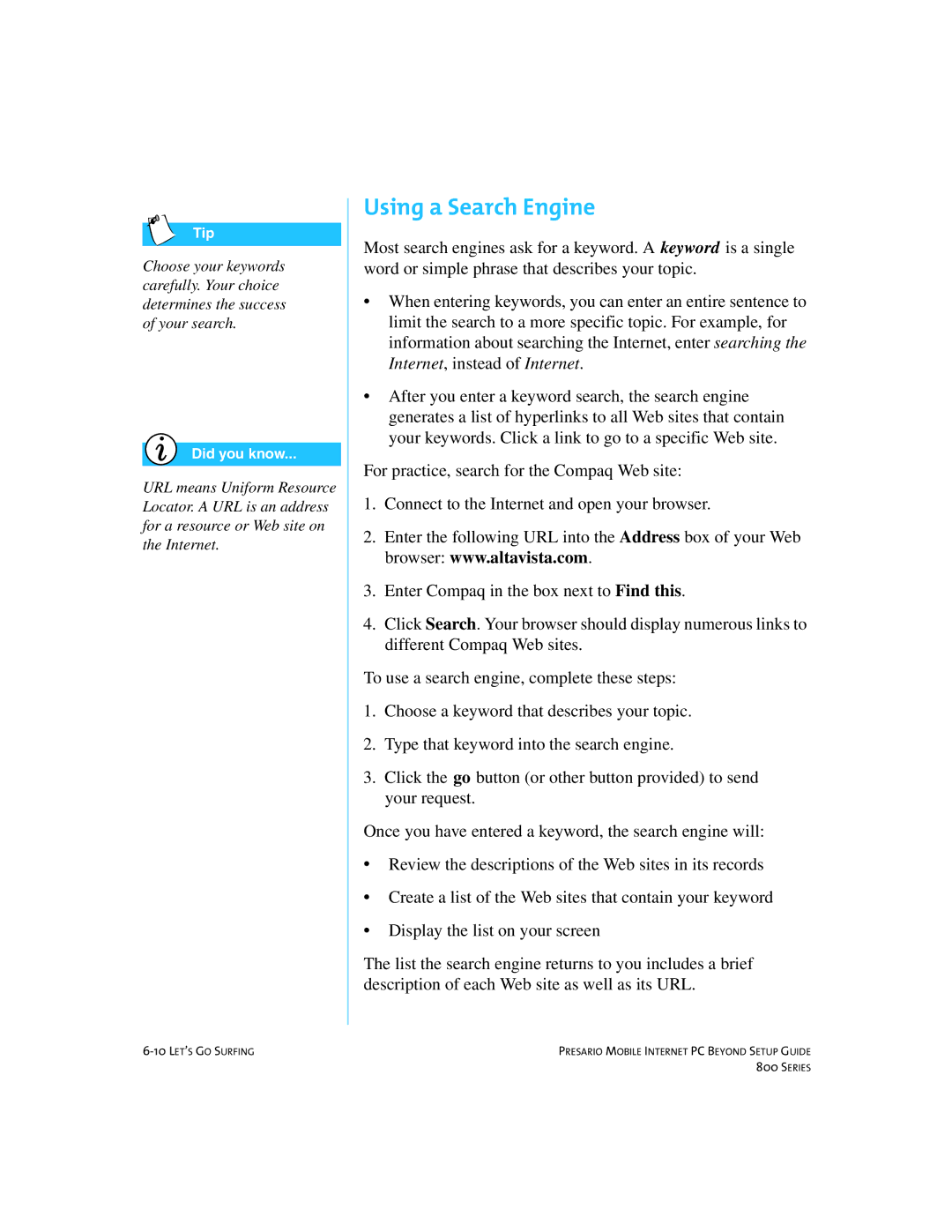 Compaq 800 manual Using a Search Engine 