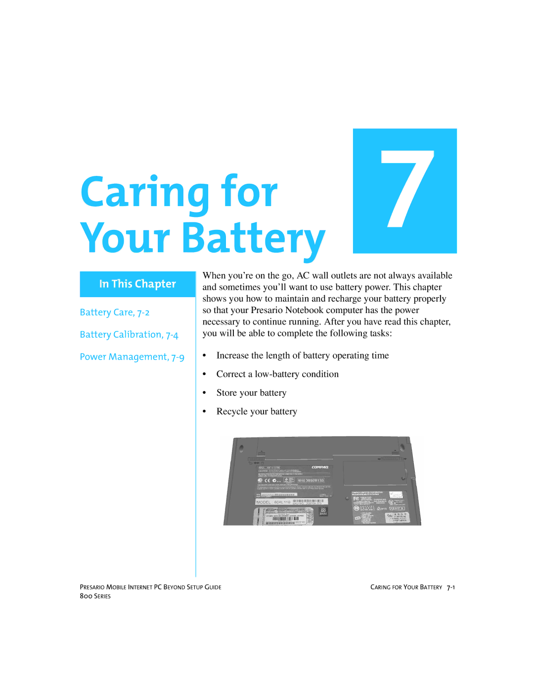 Compaq 800 manual Caring for Your Battery 