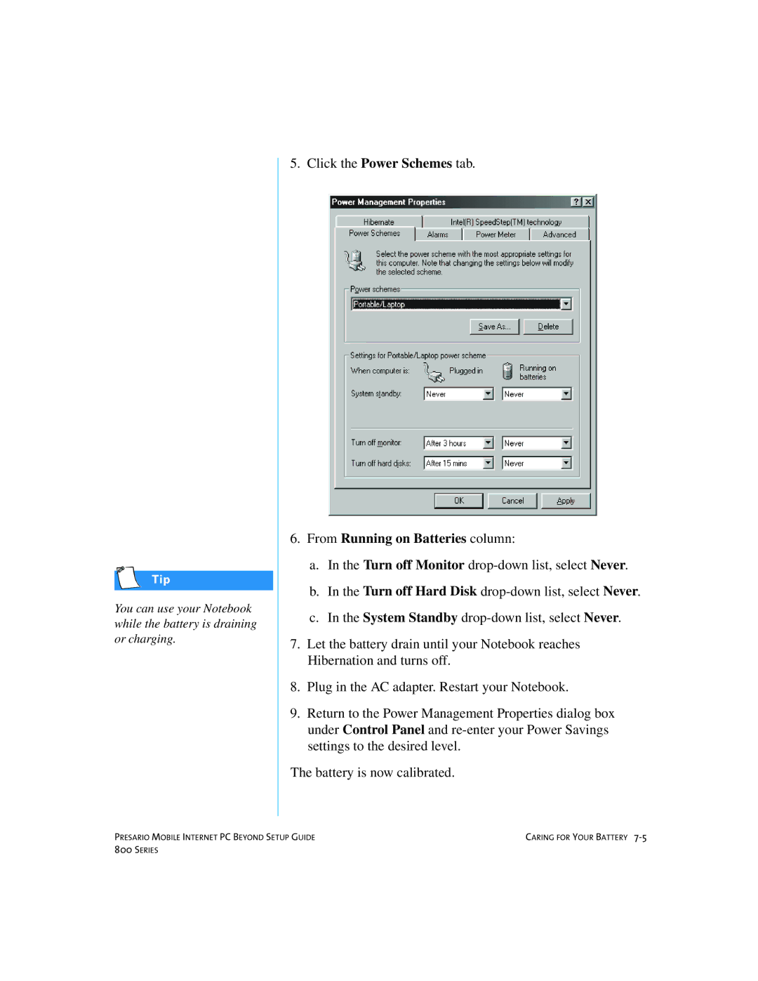 Compaq 800 manual From Running on Batteries column 