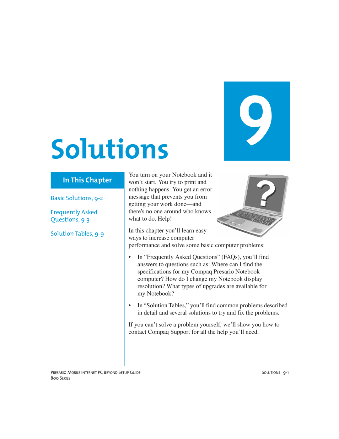 Compaq 800 manual In This Chapter, Basic Solutions, Frequently Asked Questions, Solution Tables 