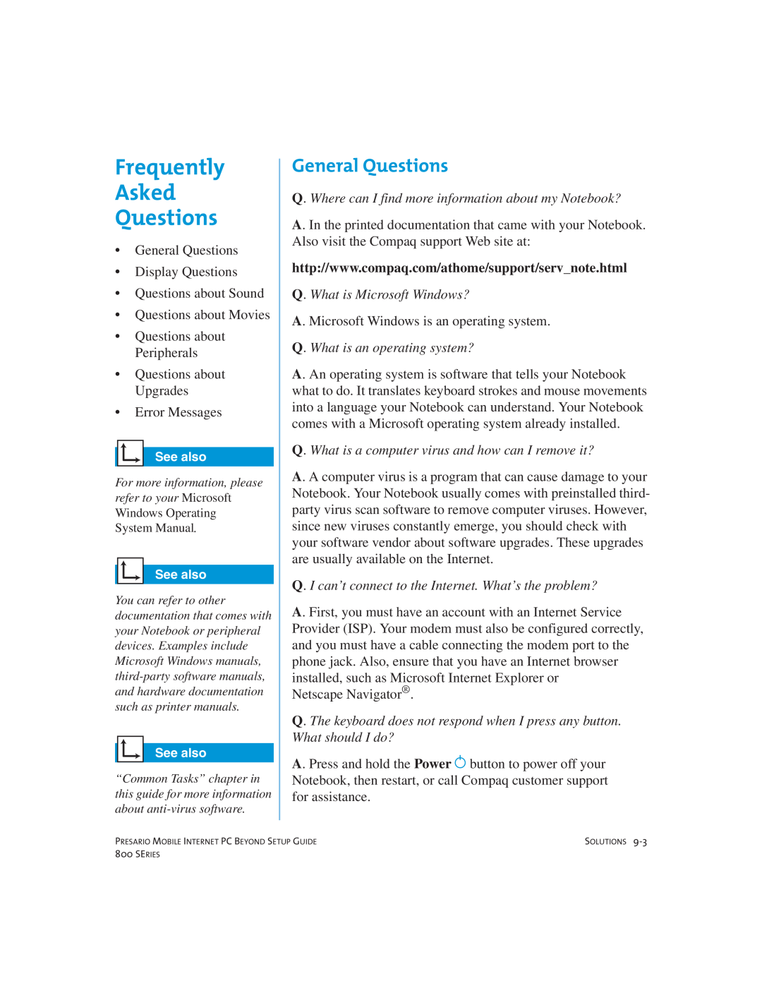 Compaq 800 manual Frequently Asked Questions, General Questions 