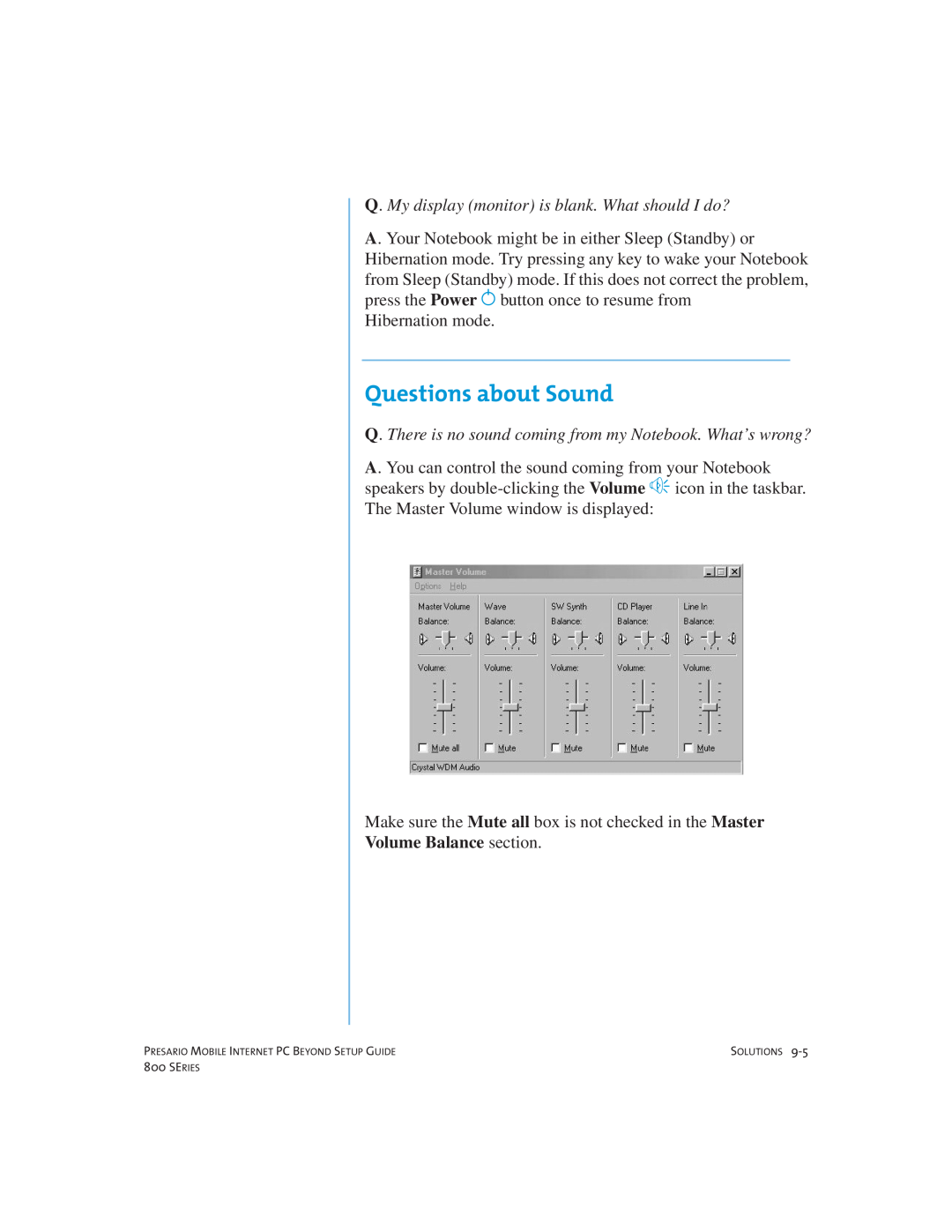 Compaq 800 manual Questions about Sound, Volume Balance section 