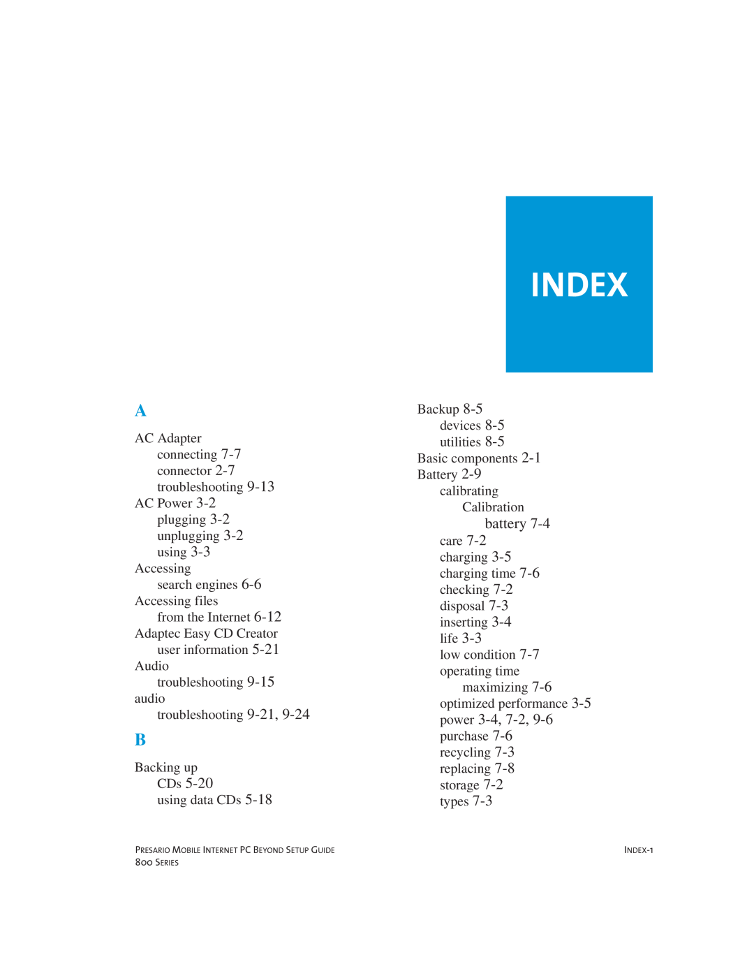 Compaq 800 manual Index 