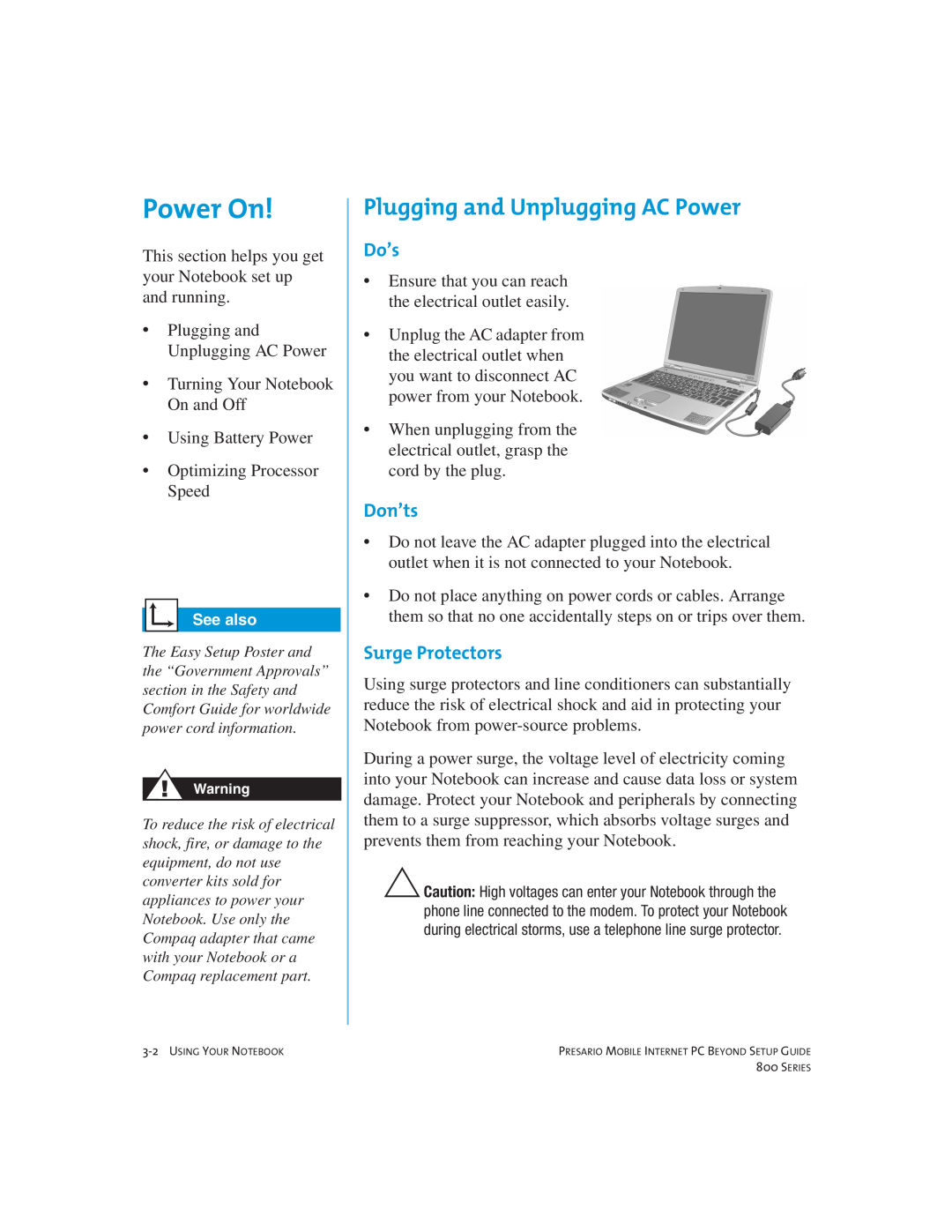 Compaq 800 manual Power On, Plugging and Unplugging AC Power, Do’s, Don’ts, Surge Protectors 