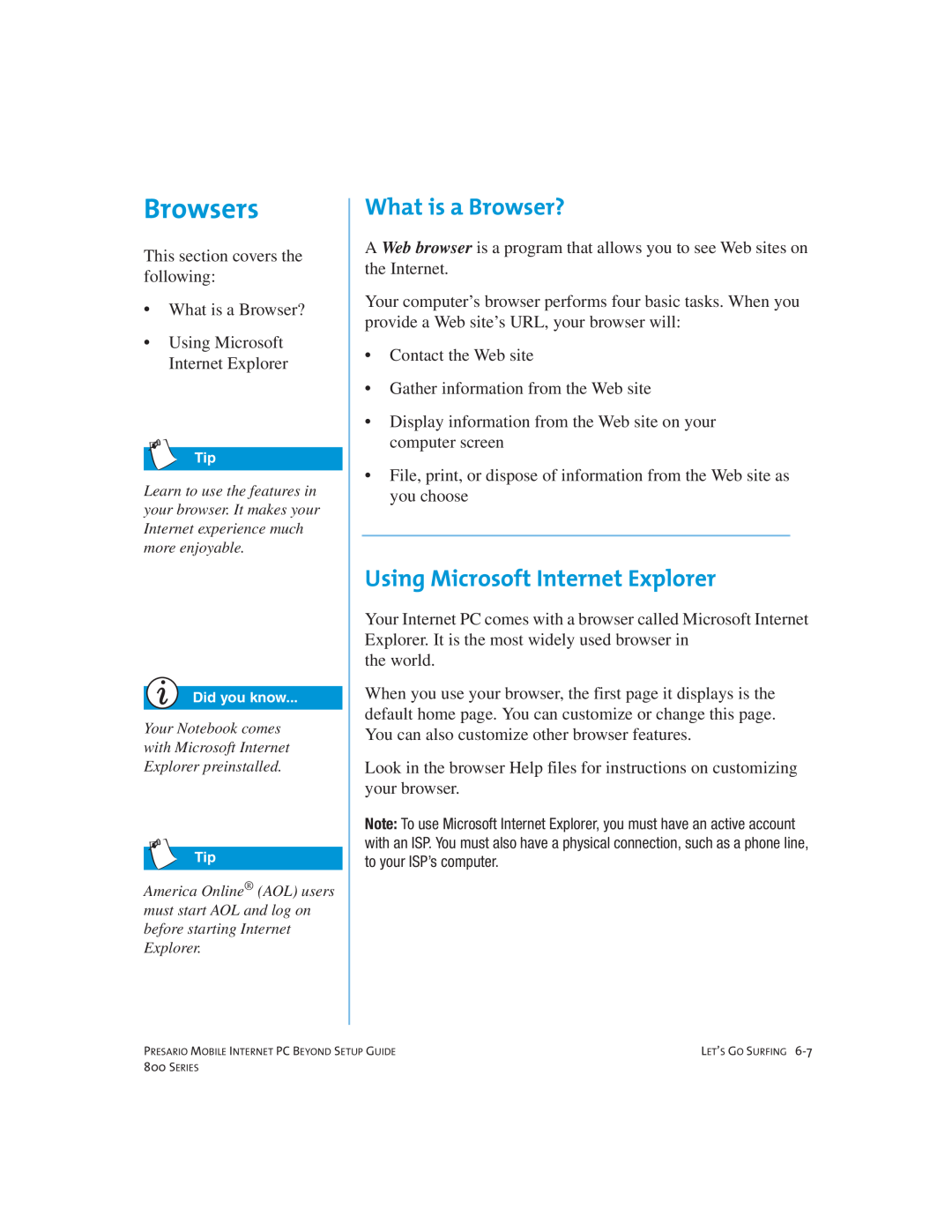 Compaq 800 manual Browsers, What is a Browser?, Using Microsoft Internet Explorer 