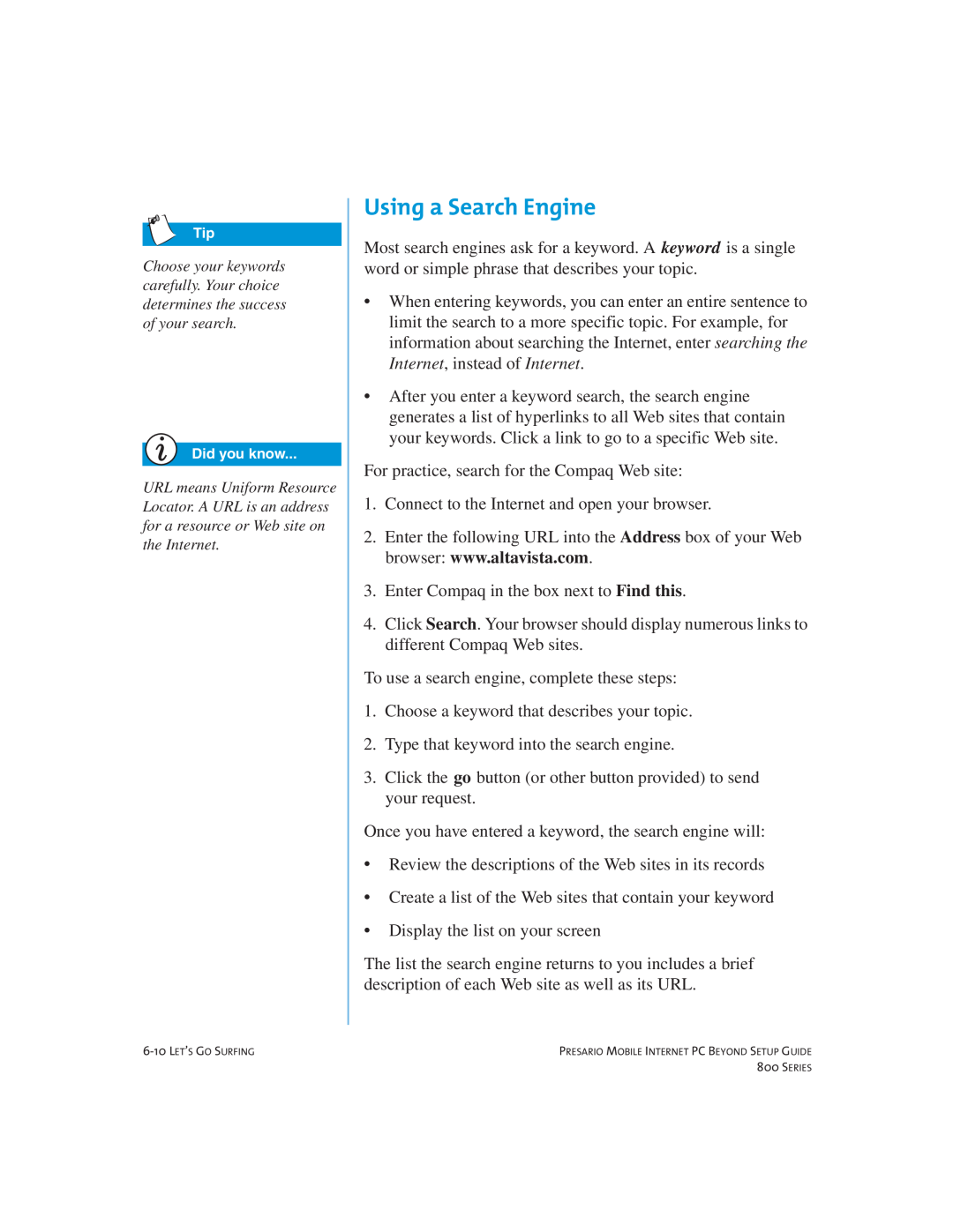 Compaq 800 manual Using a Search Engine 