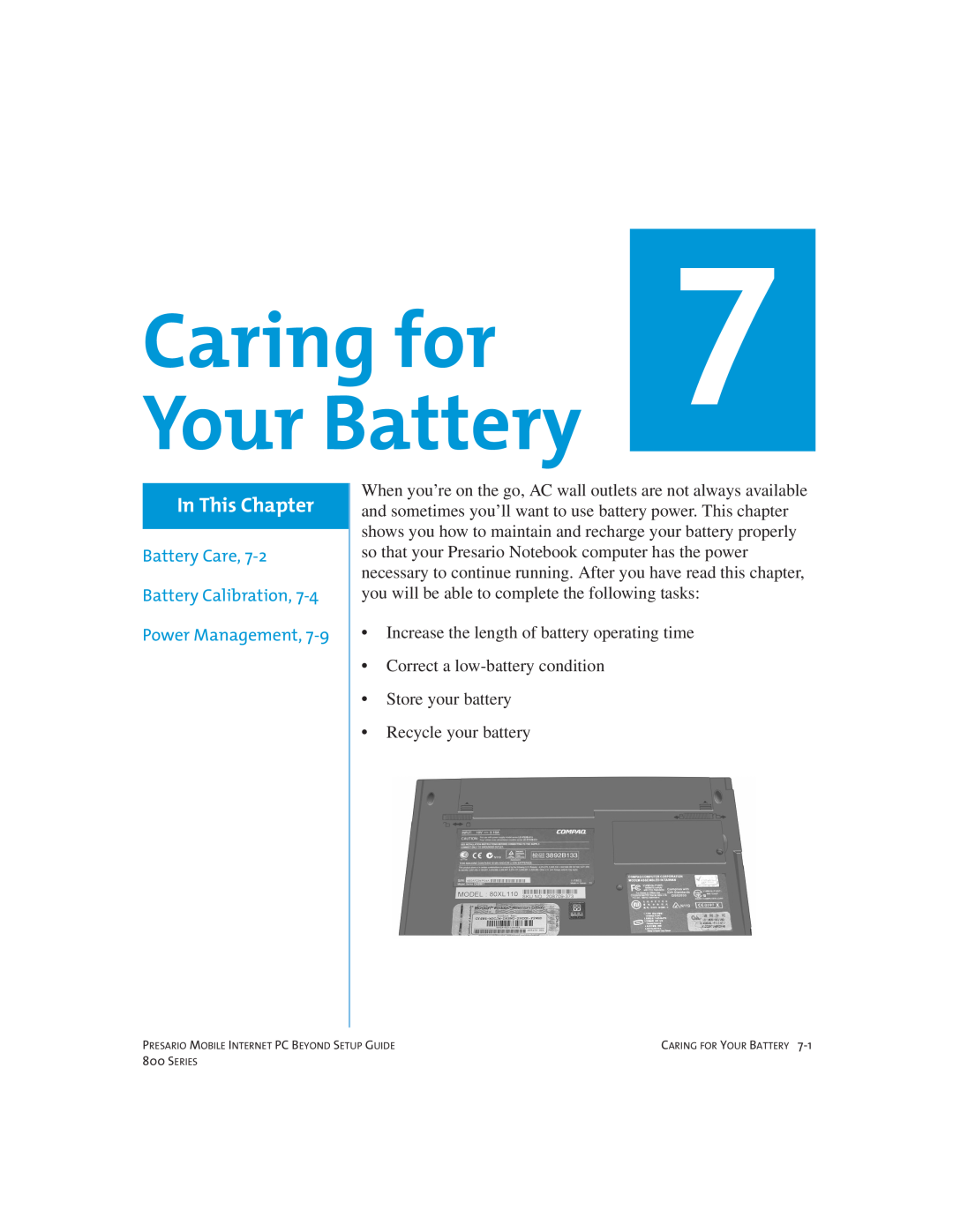 Compaq 800 manual Caring for Your Battery, In This Chapter, Battery Care, Battery Calibration, Power Management 