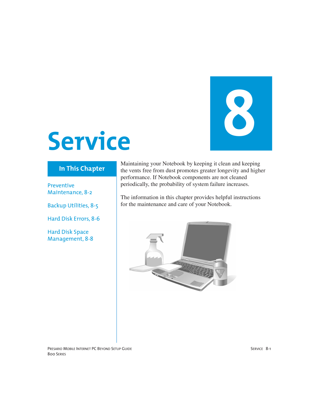Compaq 800 manual Service, In This Chapter, Preventive Maintenance, Backup Utilities 