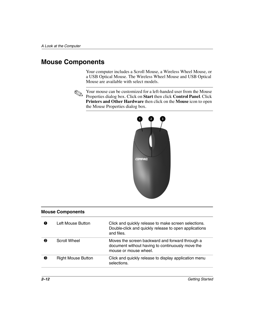 Compaq 8000, 4000 manual Mouse Components 