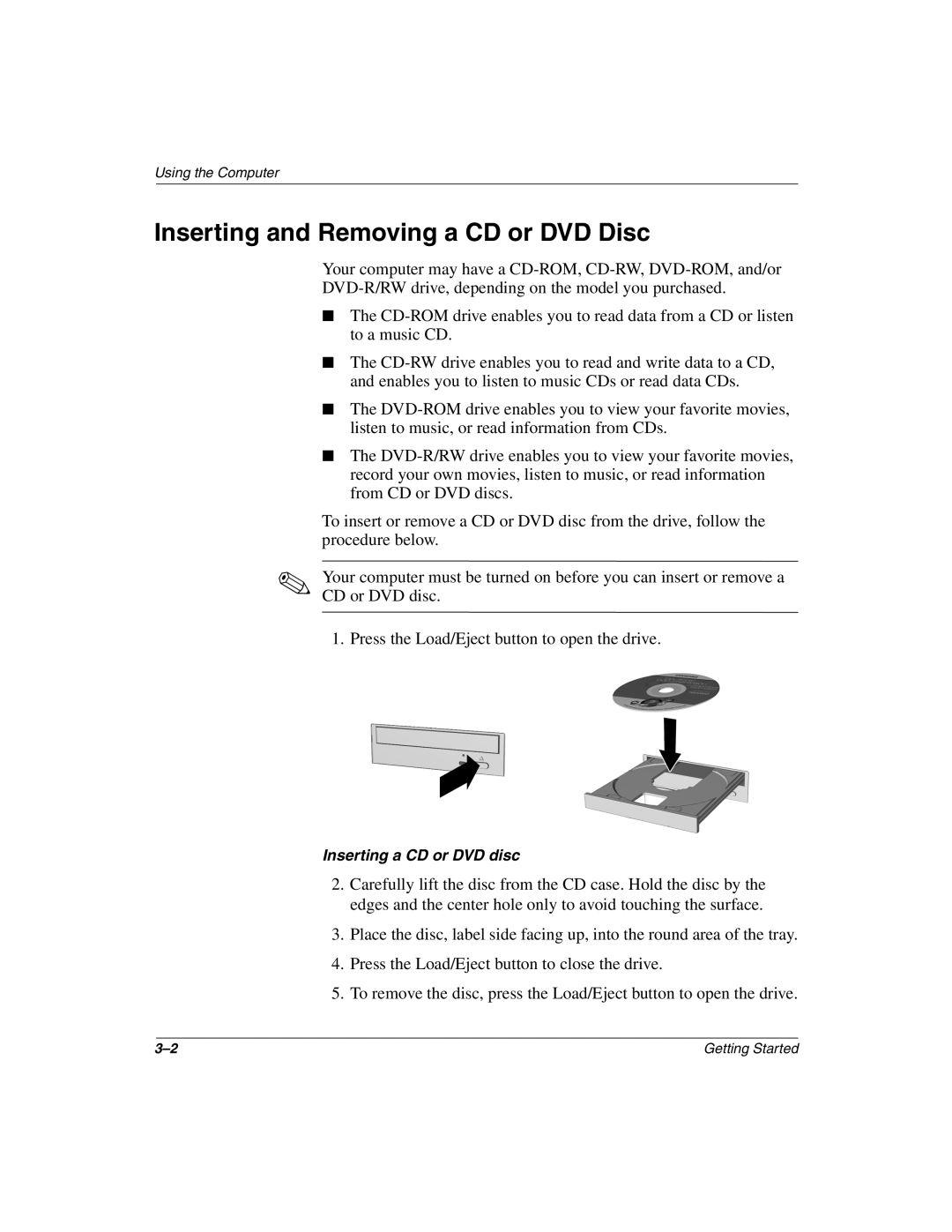 Compaq 8000, 4000 manual Inserting and Removing a CD or DVD Disc 