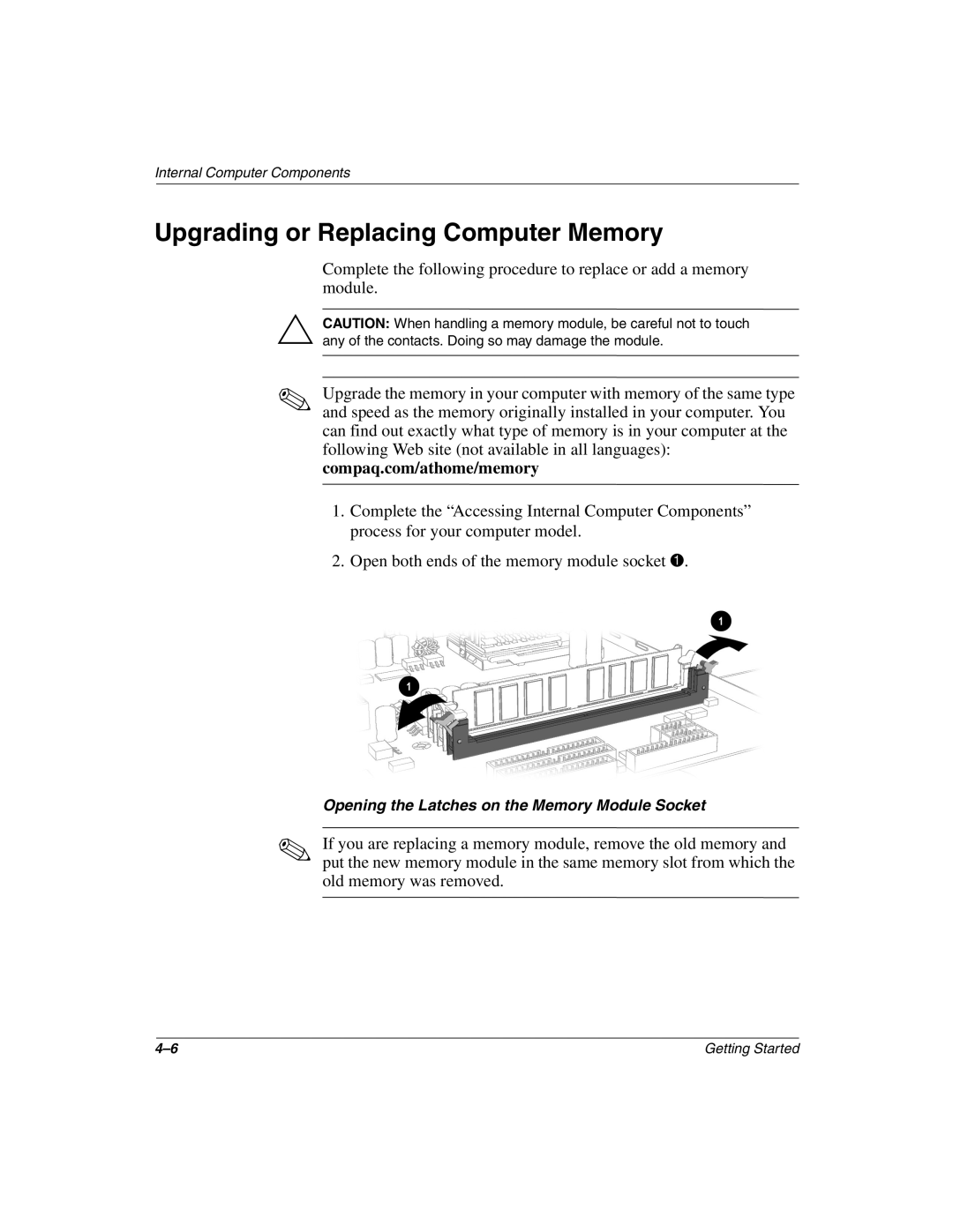 Compaq 8000, 4000 manual Upgrading or Replacing Computer Memory 