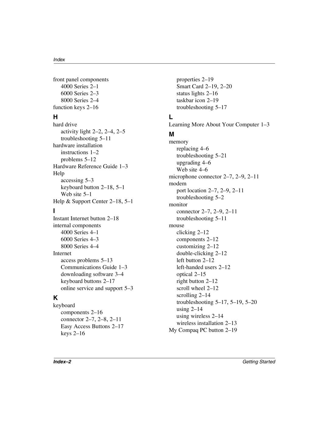 Compaq 4000, 8000, 6000 manual Index-2 Getting Started 